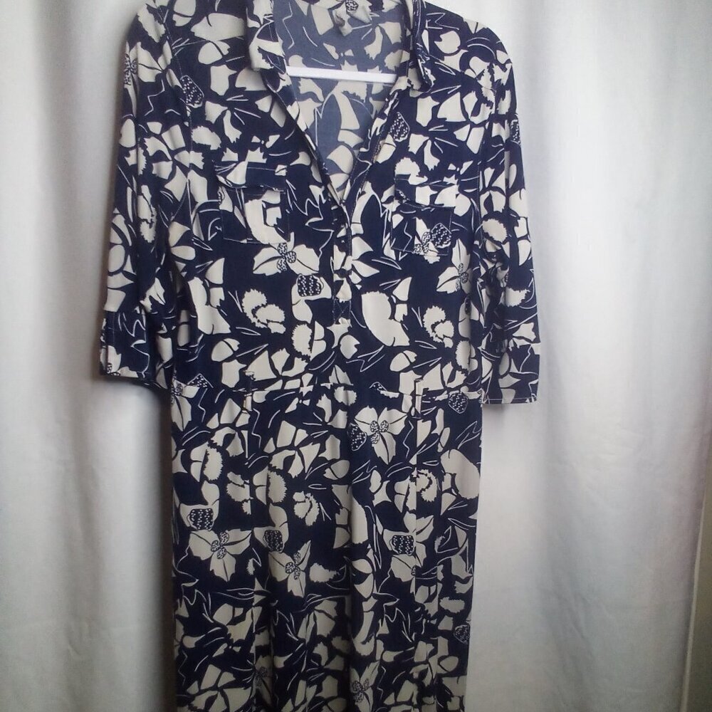 Old Navy Dress L Women Short Sleeve Soft Stretch Floral Blue White